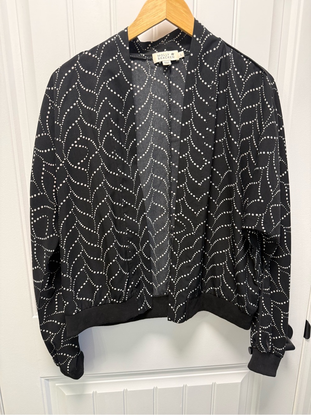 Molly Bracken Black Bomber Jacket with White Dot Wave Pattern